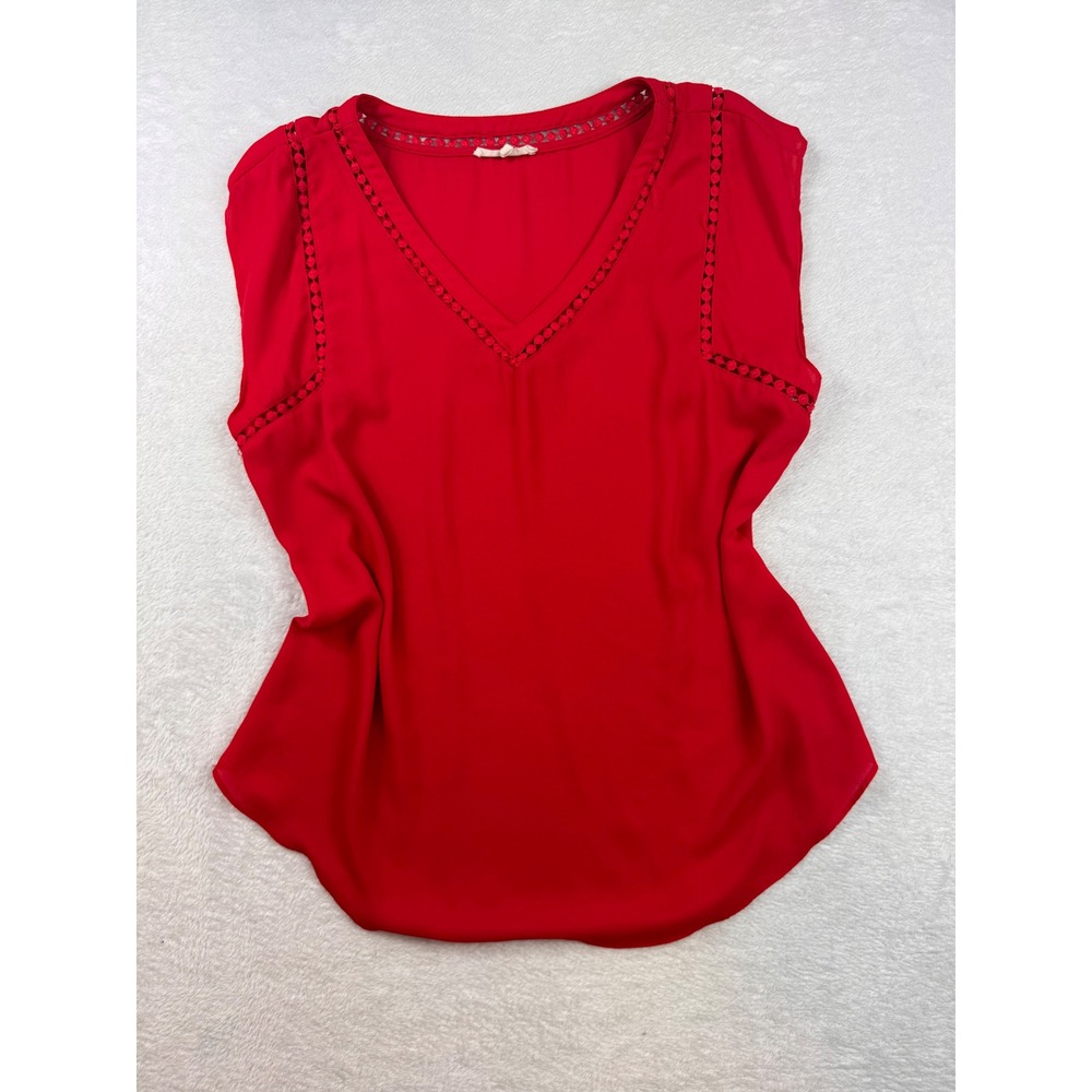 41 Hawthorn Red Sleeveless V-Neck Crochet Lace Trim Blouse Top Large